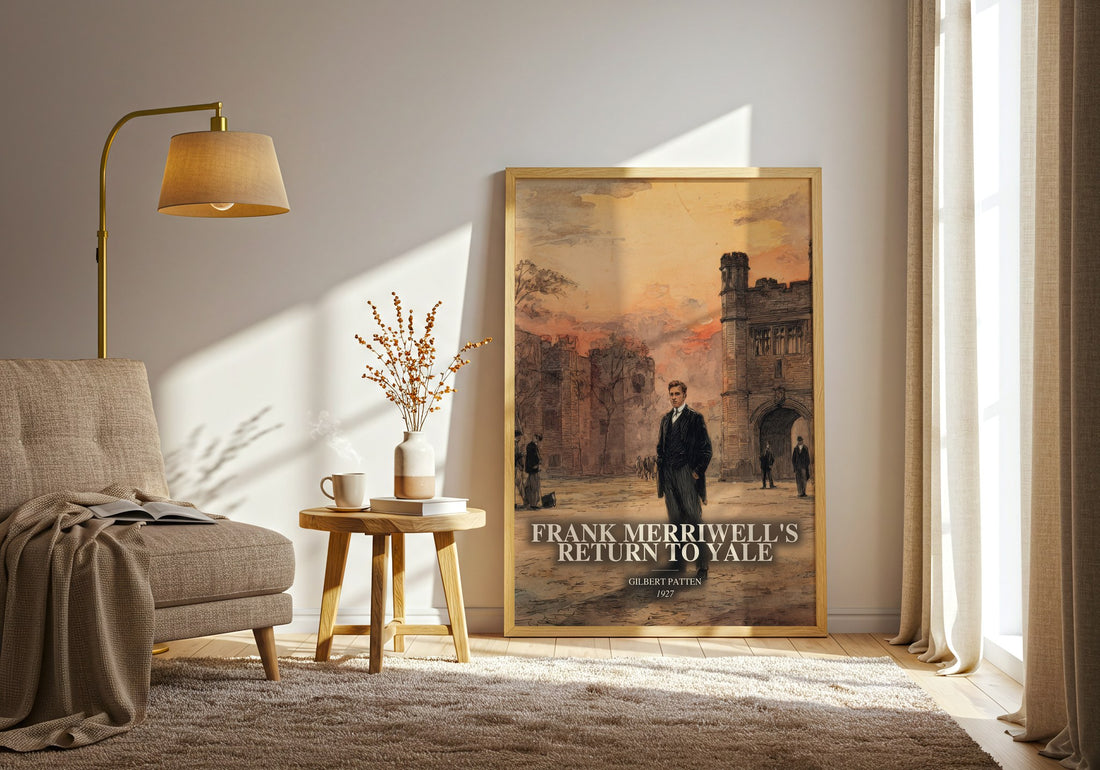 Frank Merriwell'S Return To Yale watercolour print in frame leaning in hallway – adventure wall art (mockup)