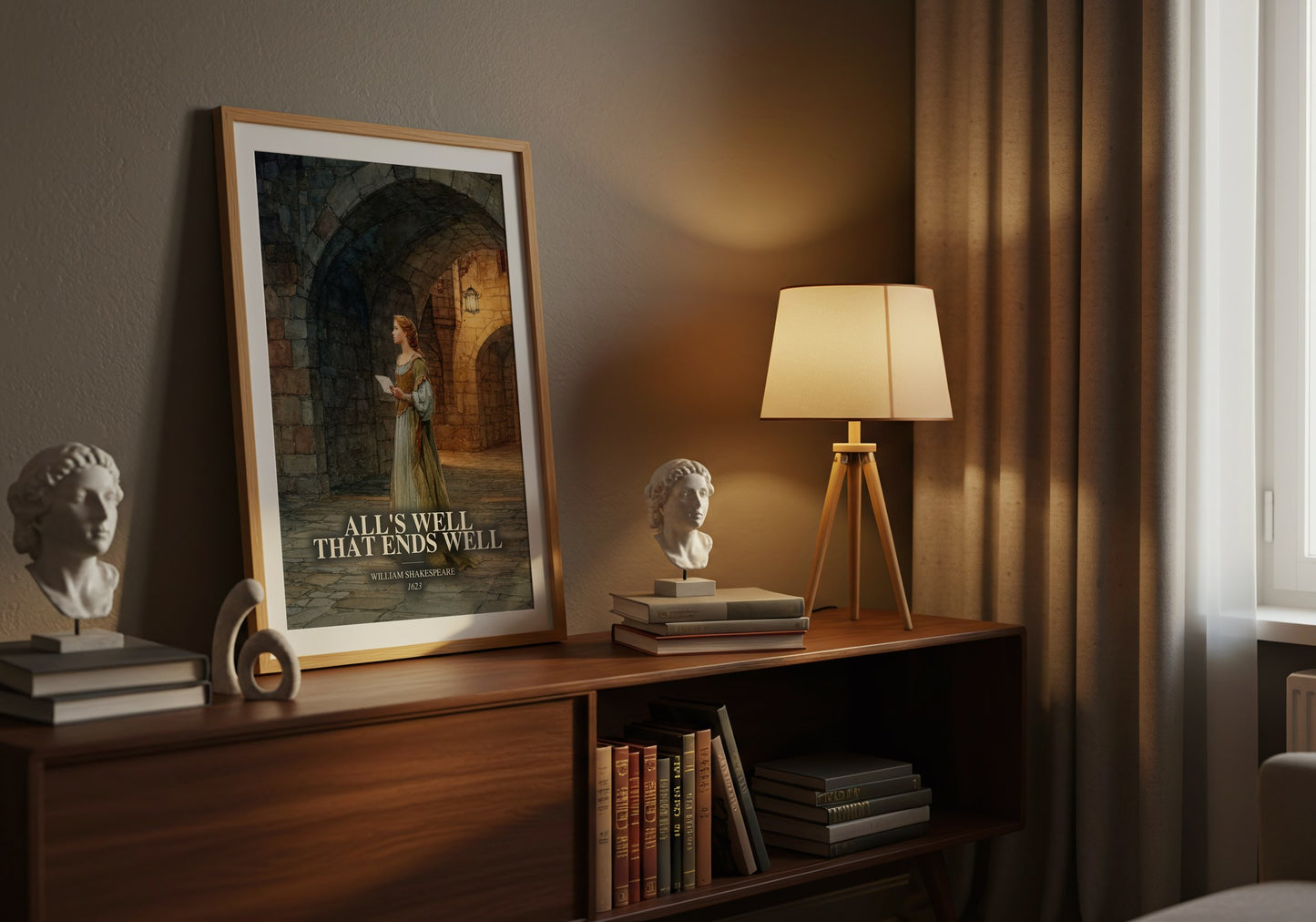 All'S Well That Ends Well watercolour print on bookshelf – William Shakespeare fan gift