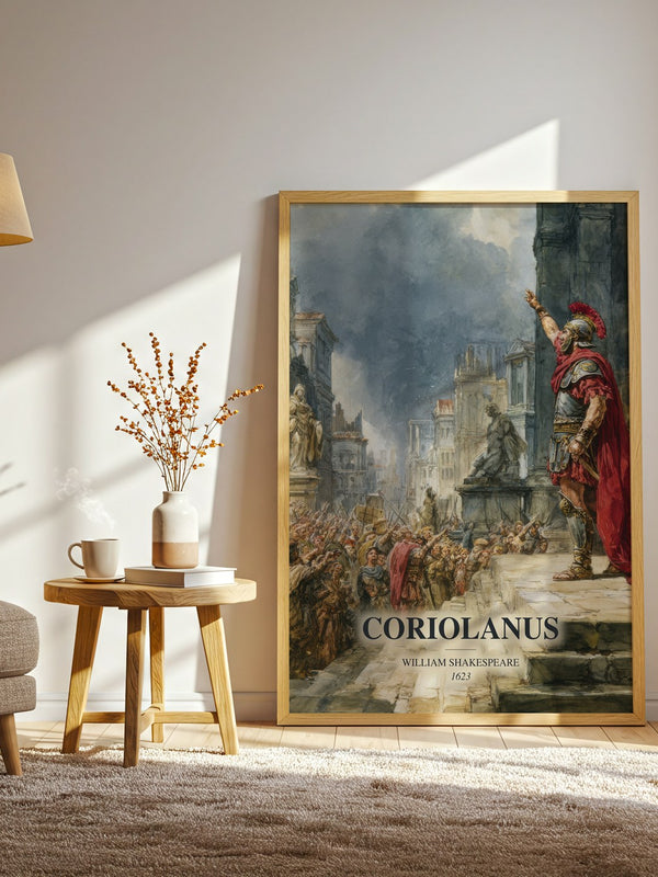 Coriolanus watercolour print in frame leaning in hallway – classic literature wall art