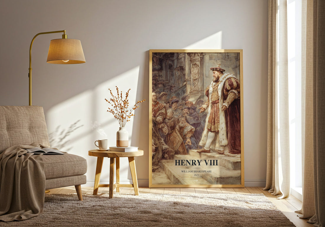 Henry Viii watercolour print in frame leaning in hallway – classic literature wall art (mockup)