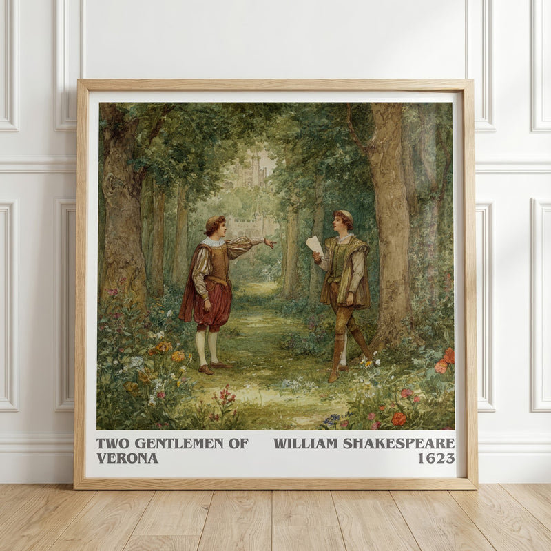The Two Gentlemen of Verona literary print in frame leaning in hallway – classic literature wall art