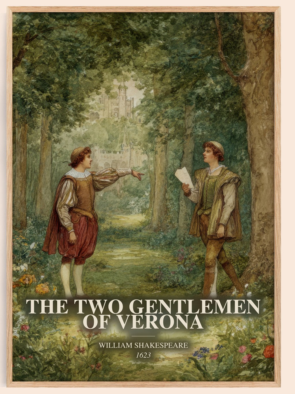 The Two Gentlemen Of Verona watercolour book poster by William Shakespeare – framed literary art print
