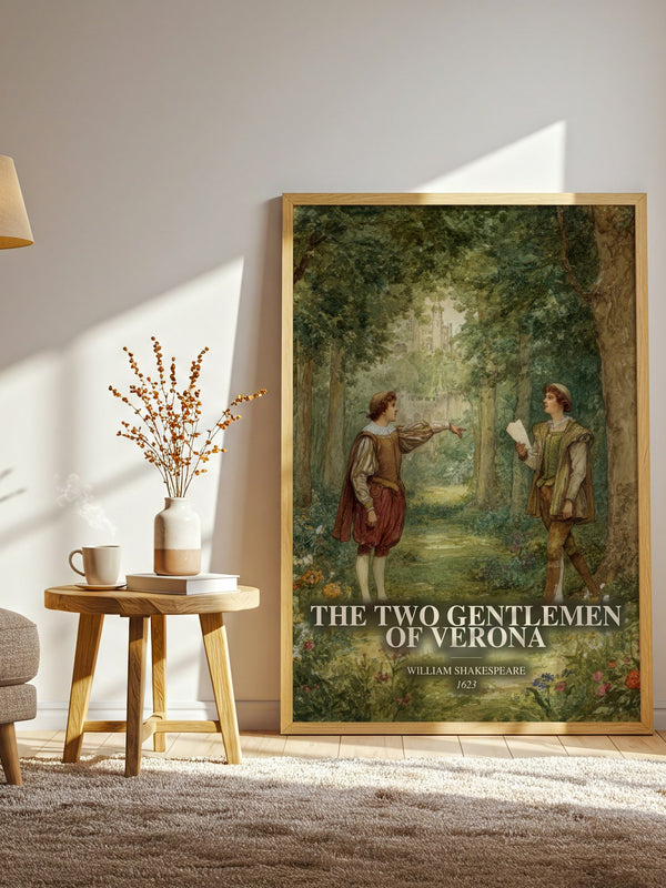 The Two Gentlemen Of Verona watercolour print in frame leaning in hallway – classic literature wall art