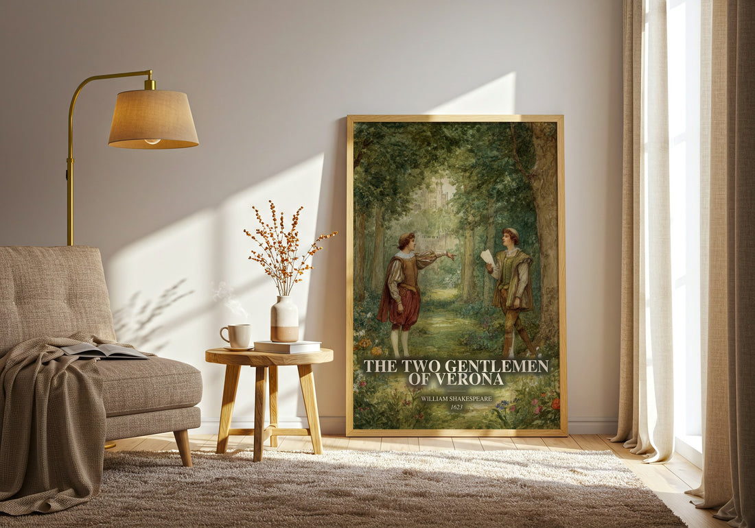 The Two Gentlemen Of Verona watercolour print in frame leaning in hallway – classic literature wall art (mockup)