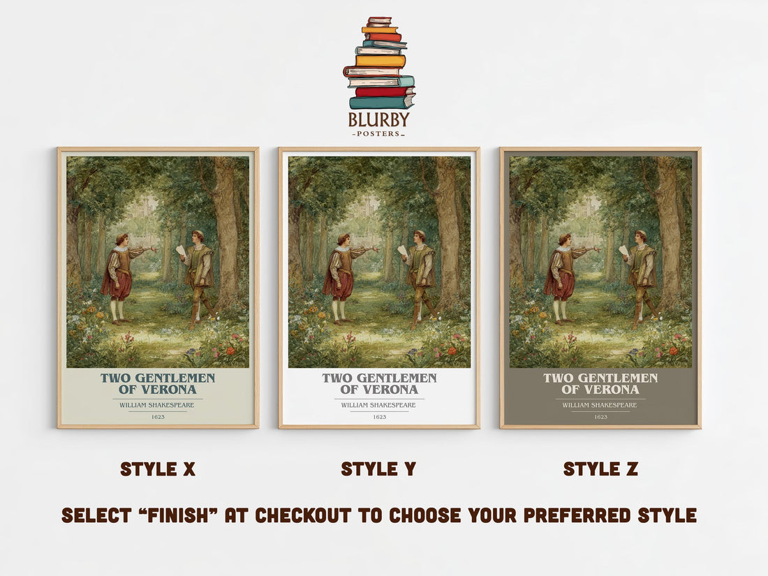 The Two Gentlemen of Verona book cover print in frame leaning in hallway – classic literature wall art (mockup)
