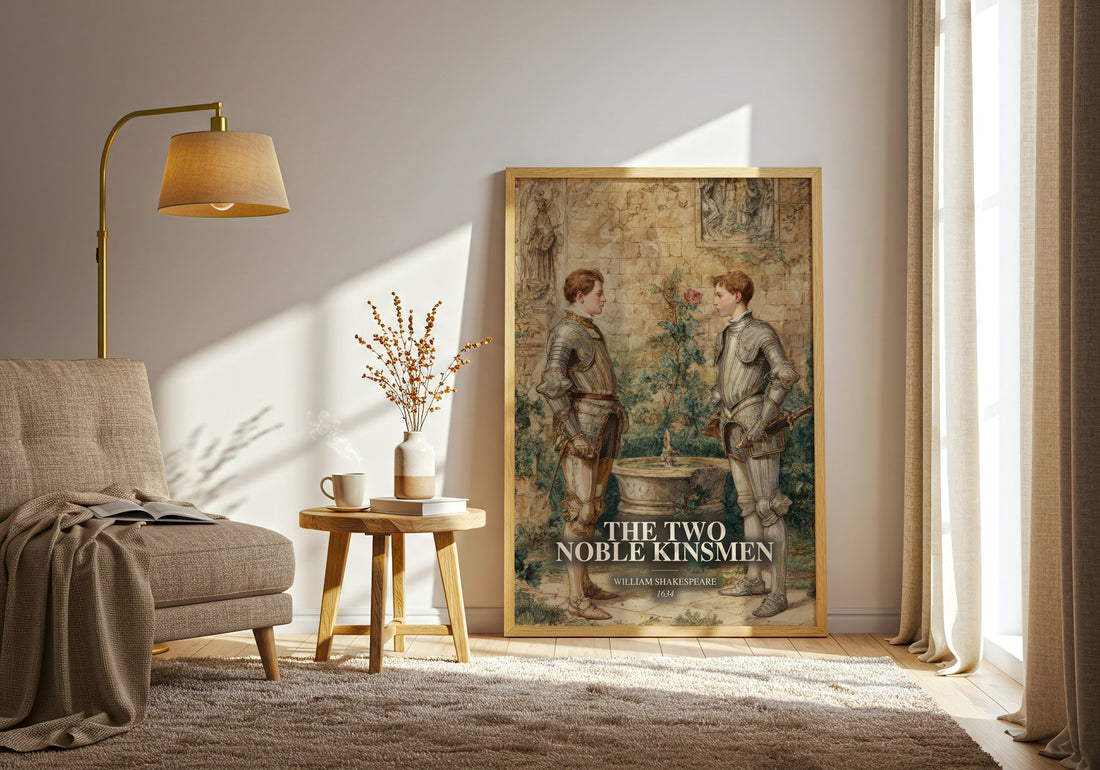 The Two Noble Kinsmen watercolour print in frame leaning in hallway – classic literature wall art (mockup)