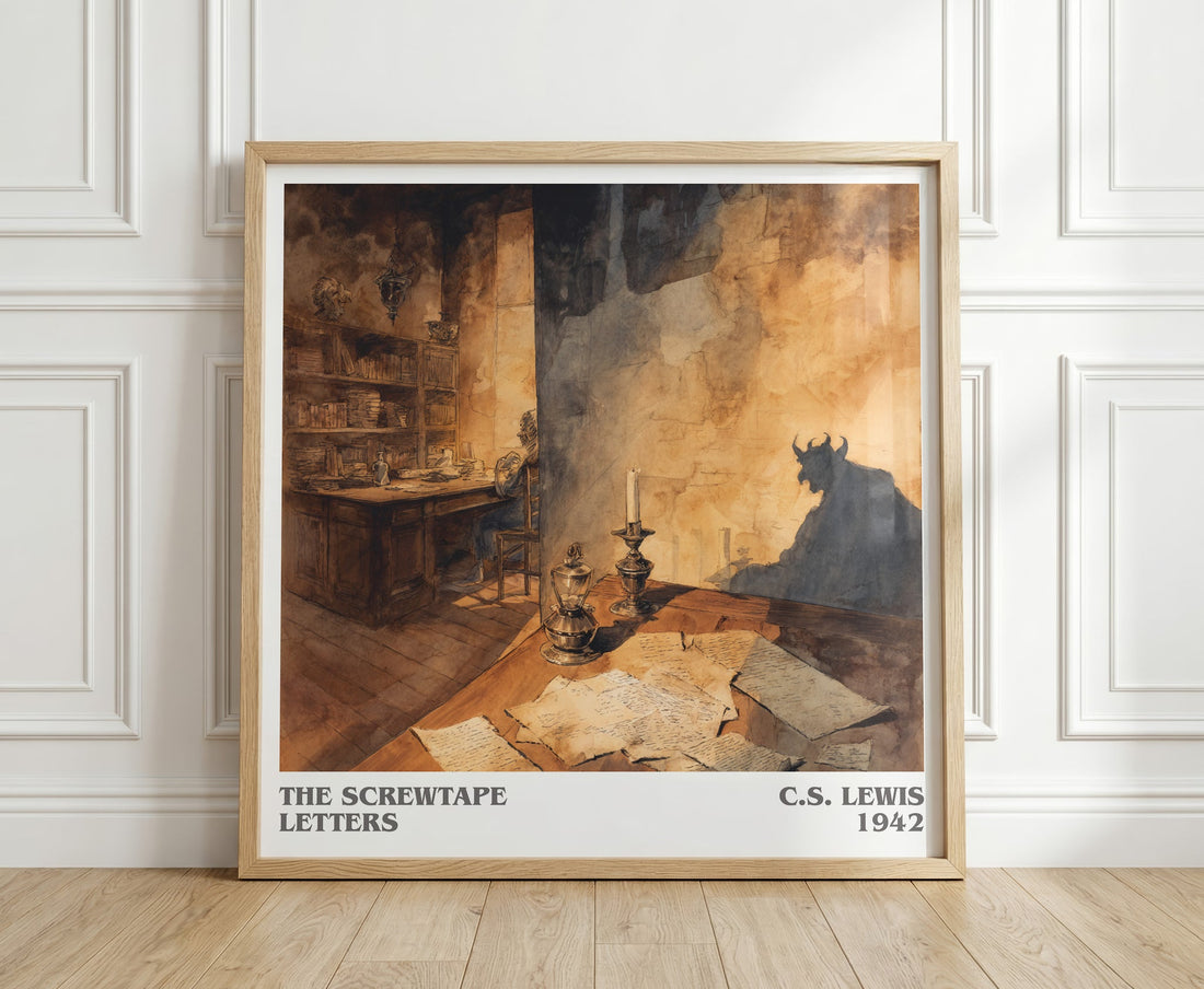 The Screwtape Letters literary print in frame leaning in hallway – non fiction wall art (mockup)
