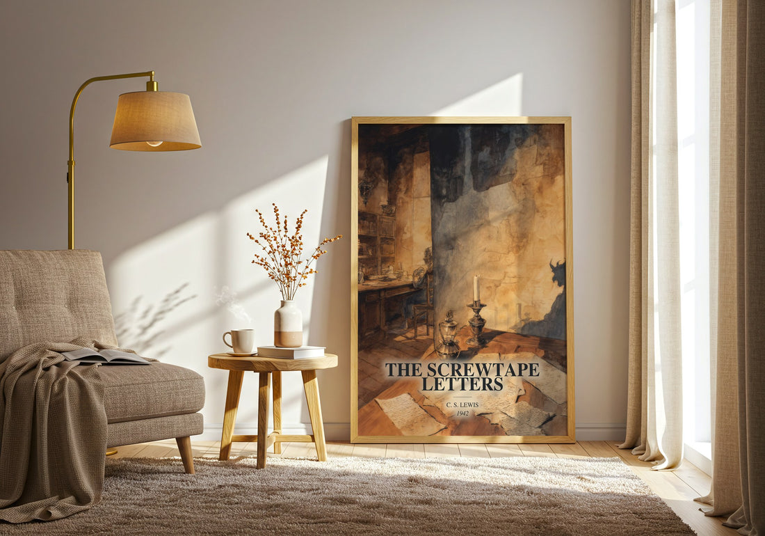 The Screwtape Letters watercolour print in frame leaning in hallway – philosophy wall art (mockup)