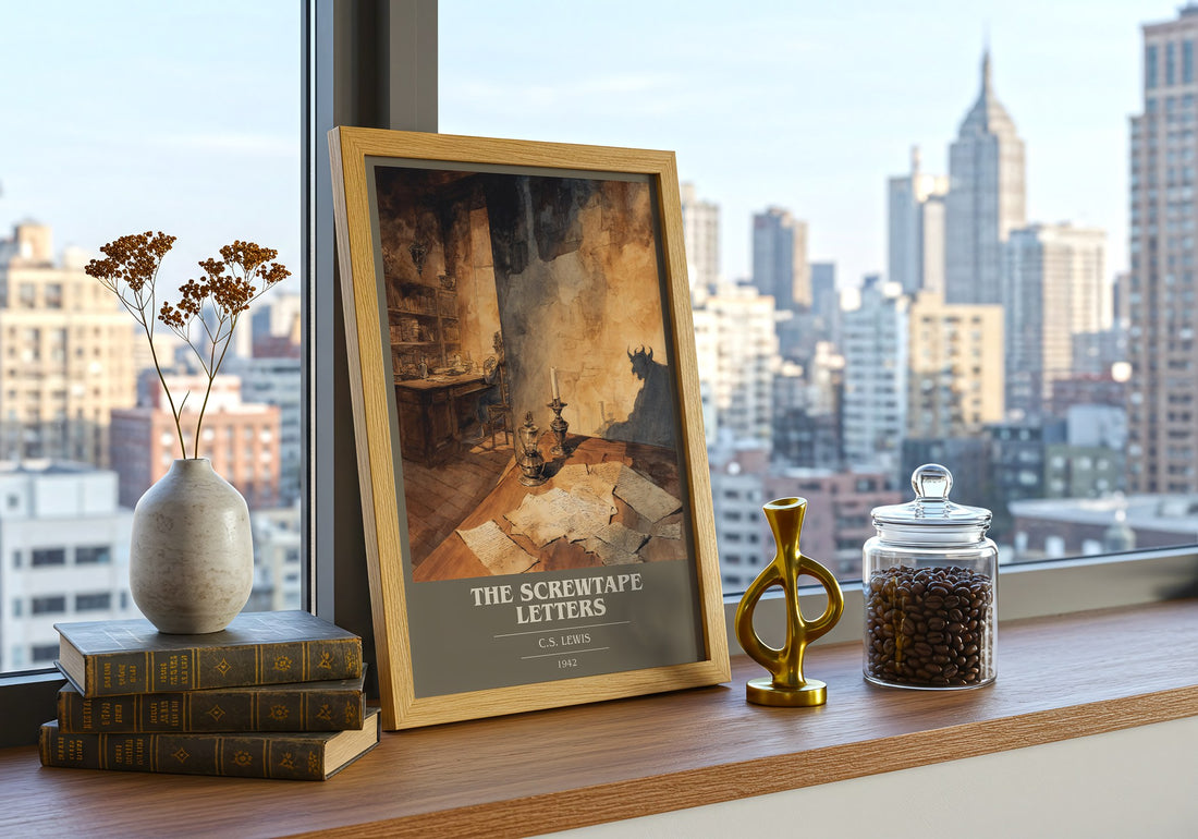 The Screwtape Letters Book Cover Poster by C. S. Lewis – framed print on a city-view windowsill