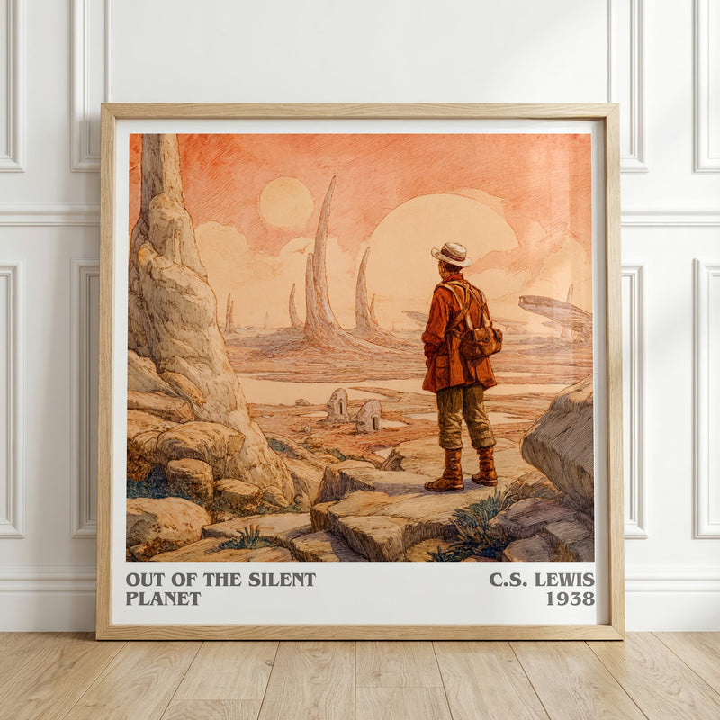 Out of the Silent Planet literary print in frame leaning in hallway – satire wall art