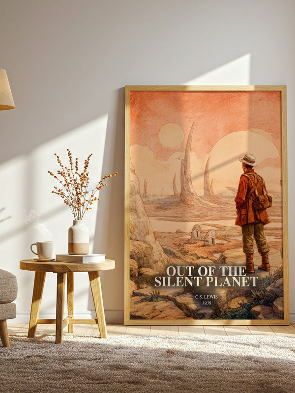 Out Of The Silent Planet watercolour print in frame leaning in hallway – sci fi wall art
