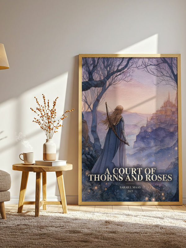 A Court Of Thorns And Roses watercolour print in frame leaning in hallway – fantasy wall art