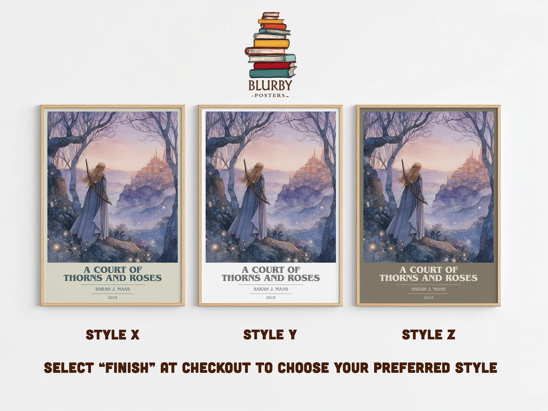 A Court of Thorns and Roses book cover print in frame leaning in hallway – sci fi wall art (mockup)