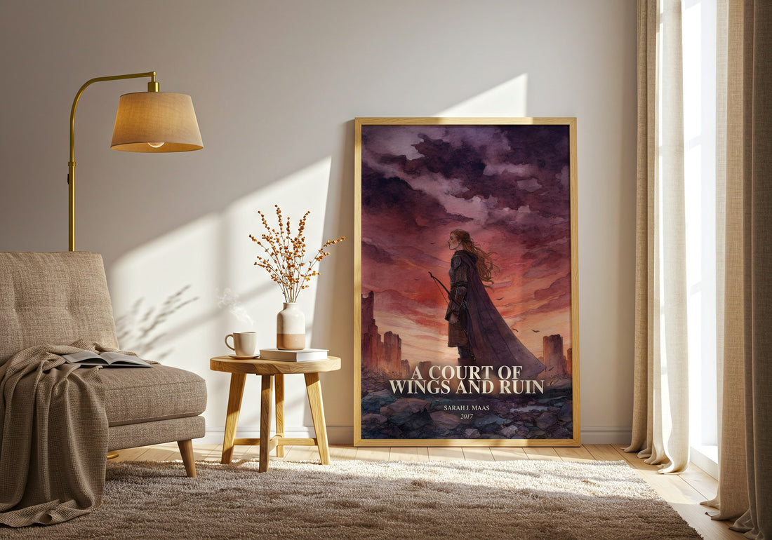 A Court Of Wings And Ruin watercolour print in frame leaning in hallway – fantasy wall art (mockup)