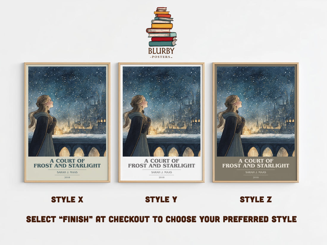 A Court of Frost and Starlight book cover print in frame leaning in hallway – fantasy wall art (mockup)
