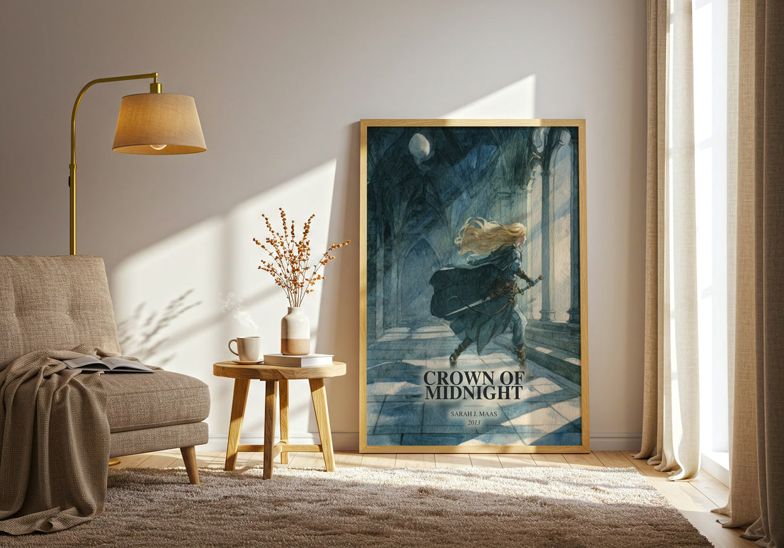 Crown Of Midnight watercolour print in frame leaning in hallway – fantasy wall art (mockup)