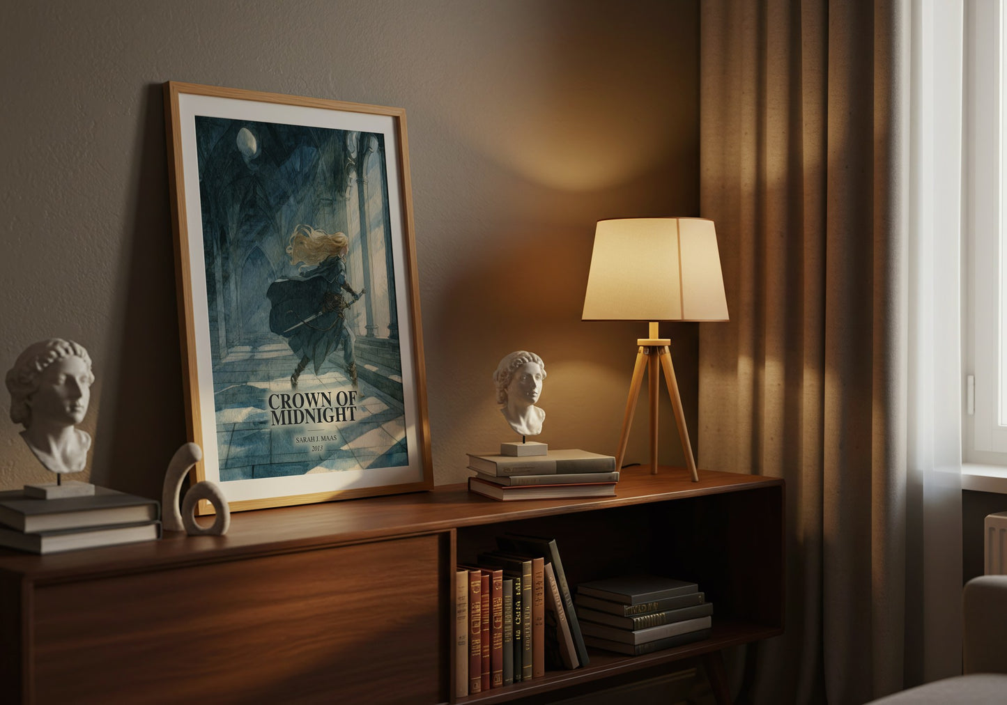Crown Of Midnight watercolour print on bookshelf – Sarah J. Maas fan gift