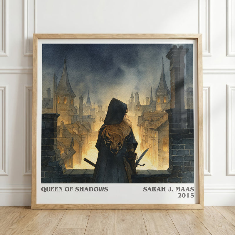 Queen of Shadows literary print in frame leaning in hallway – fantasy wall art