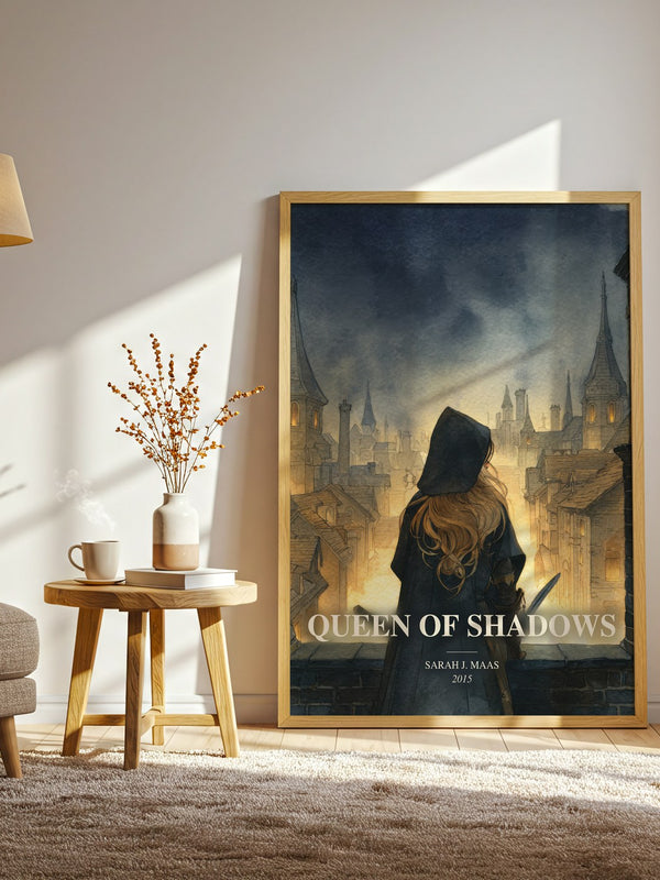 Queen Of Shadows watercolour print in frame leaning in hallway – young adult wall art