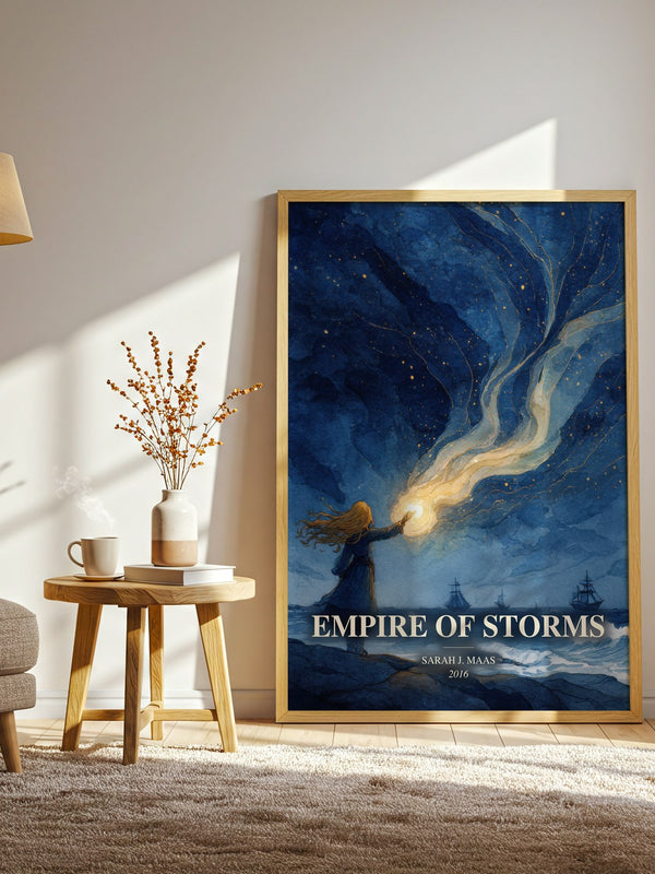Empire Of Storms watercolour print in frame leaning in hallway – young adult wall art