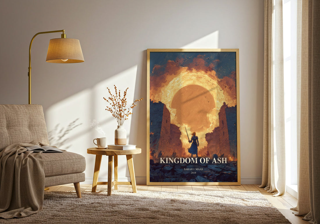Kingdom Of Ash watercolour print in frame leaning in hallway – fantasy wall art (mockup)