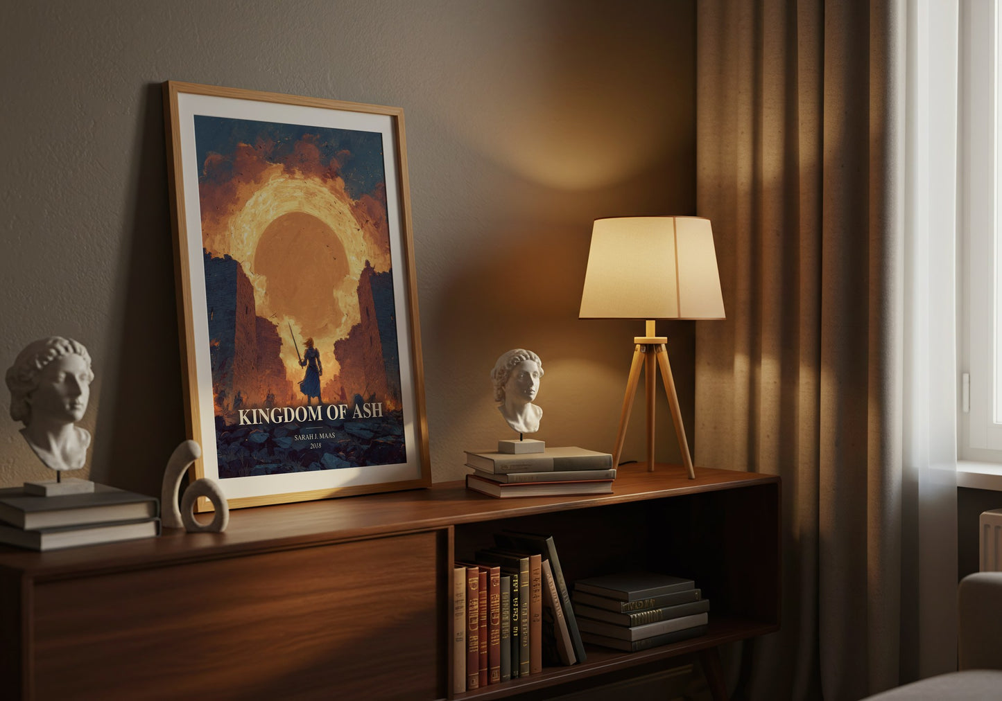 Kingdom Of Ash watercolour print on bookshelf – Sarah J. Maas fan gift