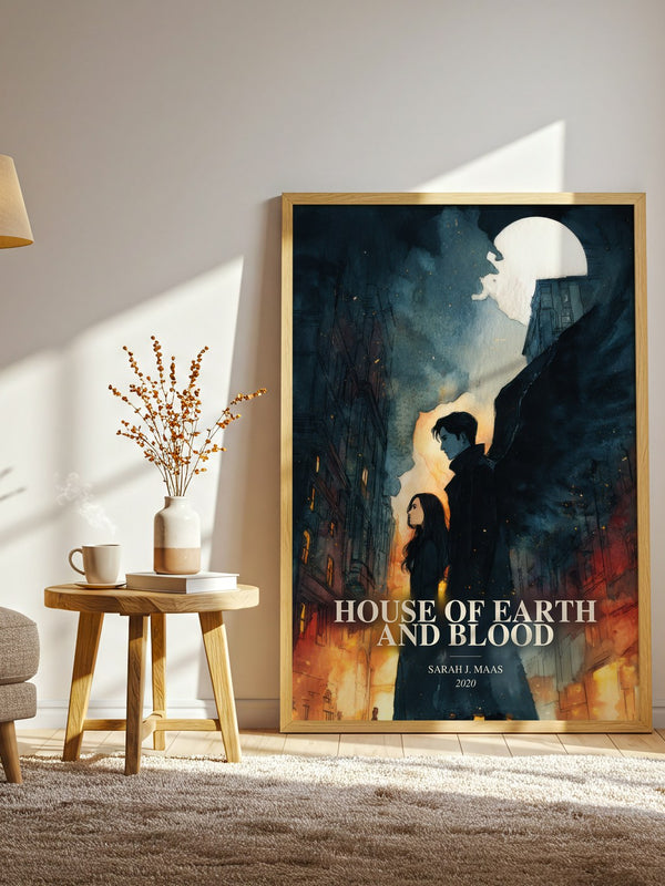 House Of Earth And Blood watercolour print in frame leaning in hallway – fantasy wall art