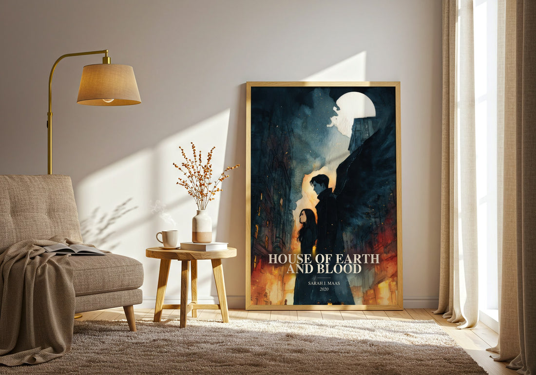 House Of Earth And Blood watercolour print in frame leaning in hallway – fantasy wall art (mockup)