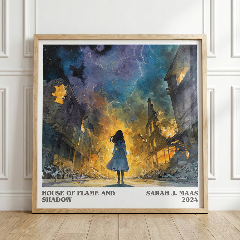 House Of Flame And Shadow literary print in frame leaning in hallway – fantasy wall art