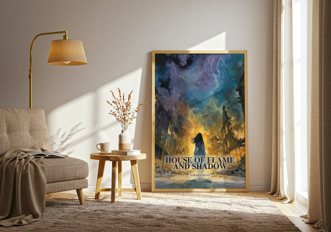 House Of Flame And Shadow watercolour print in frame leaning in hallway – fantasy wall art (mockup)