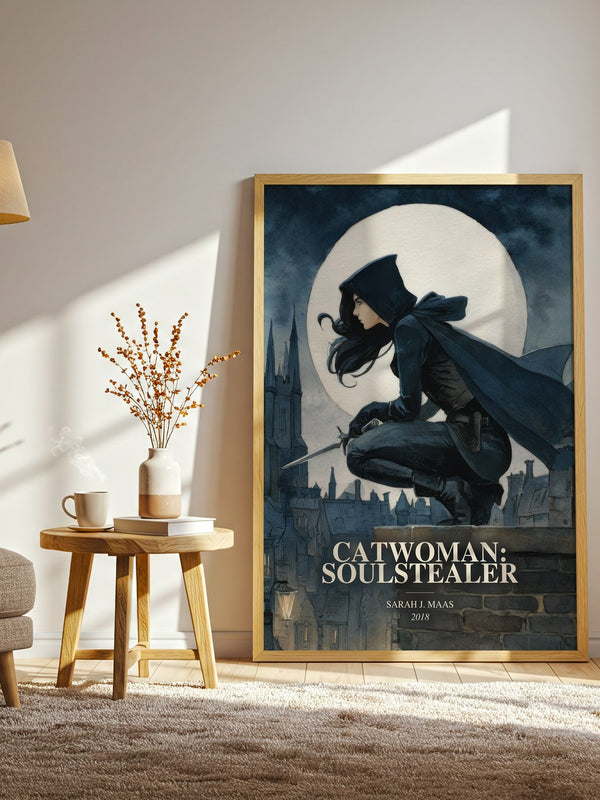 Catwoman: Soulstealer watercolour print in frame leaning in hallway – young adult wall art