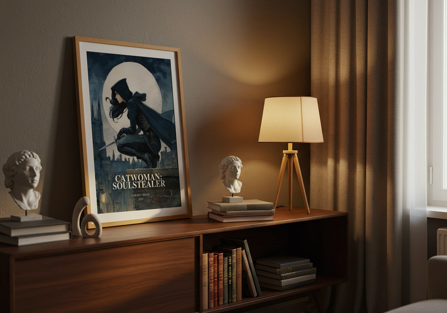 Catwoman: Soulstealer watercolour print on bookshelf – Sarah J. Maas fan gift