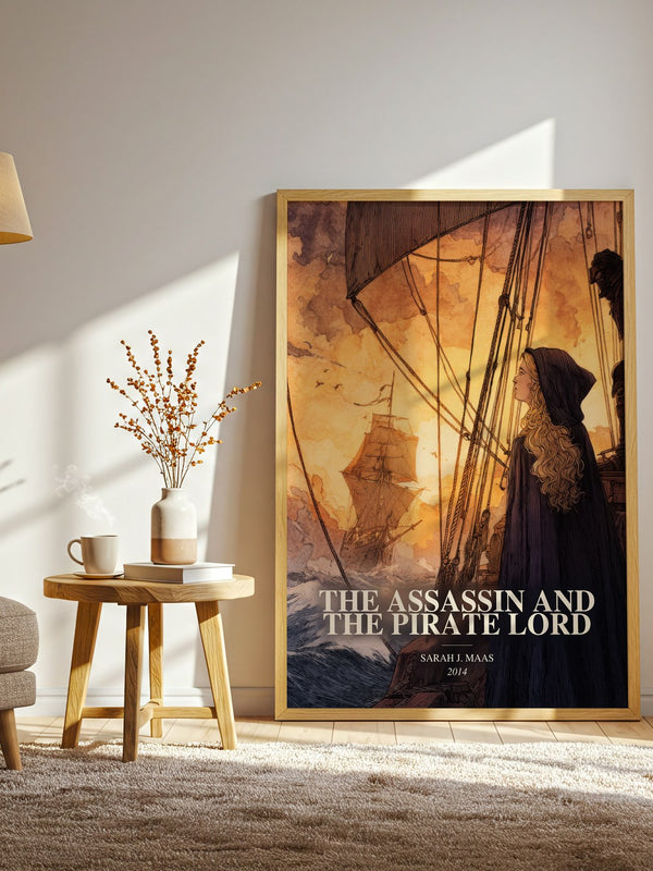 The Assassin And The Pirate Lord watercolour print in frame leaning in hallway – fantasy wall art
