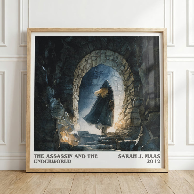 The Assassin And The Underworld literary print in frame leaning in hallway – fantasy wall art