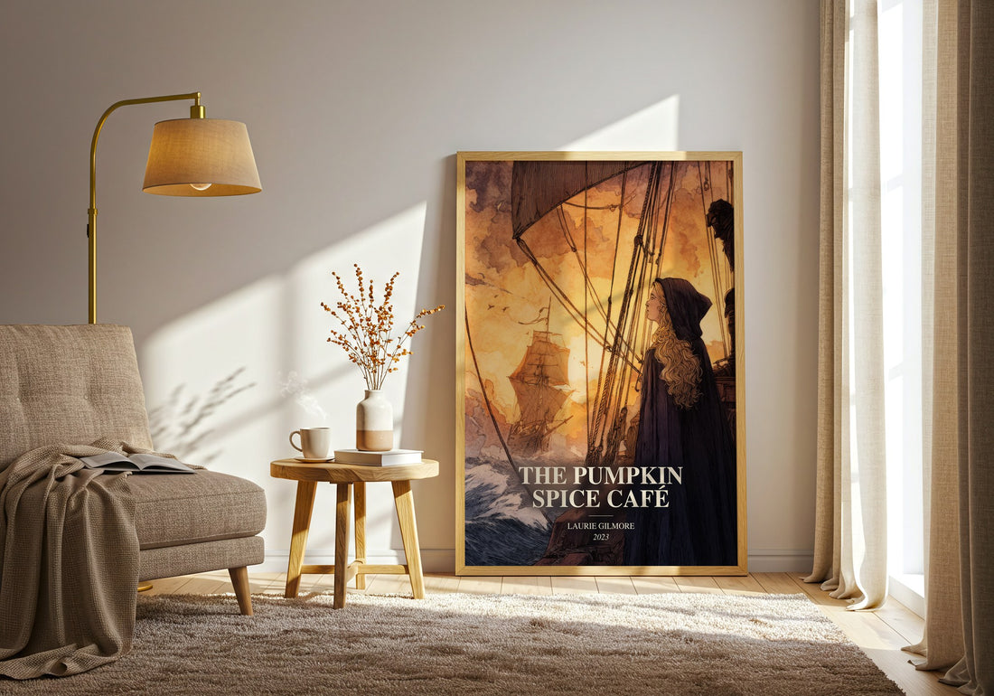 The Pumpkin Spice Café watercolour print in frame leaning in hallway – romance wall art (mockup)