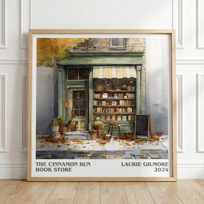 The Cinnamon Bun Book Store literary print in frame leaning in hallway – romance wall art