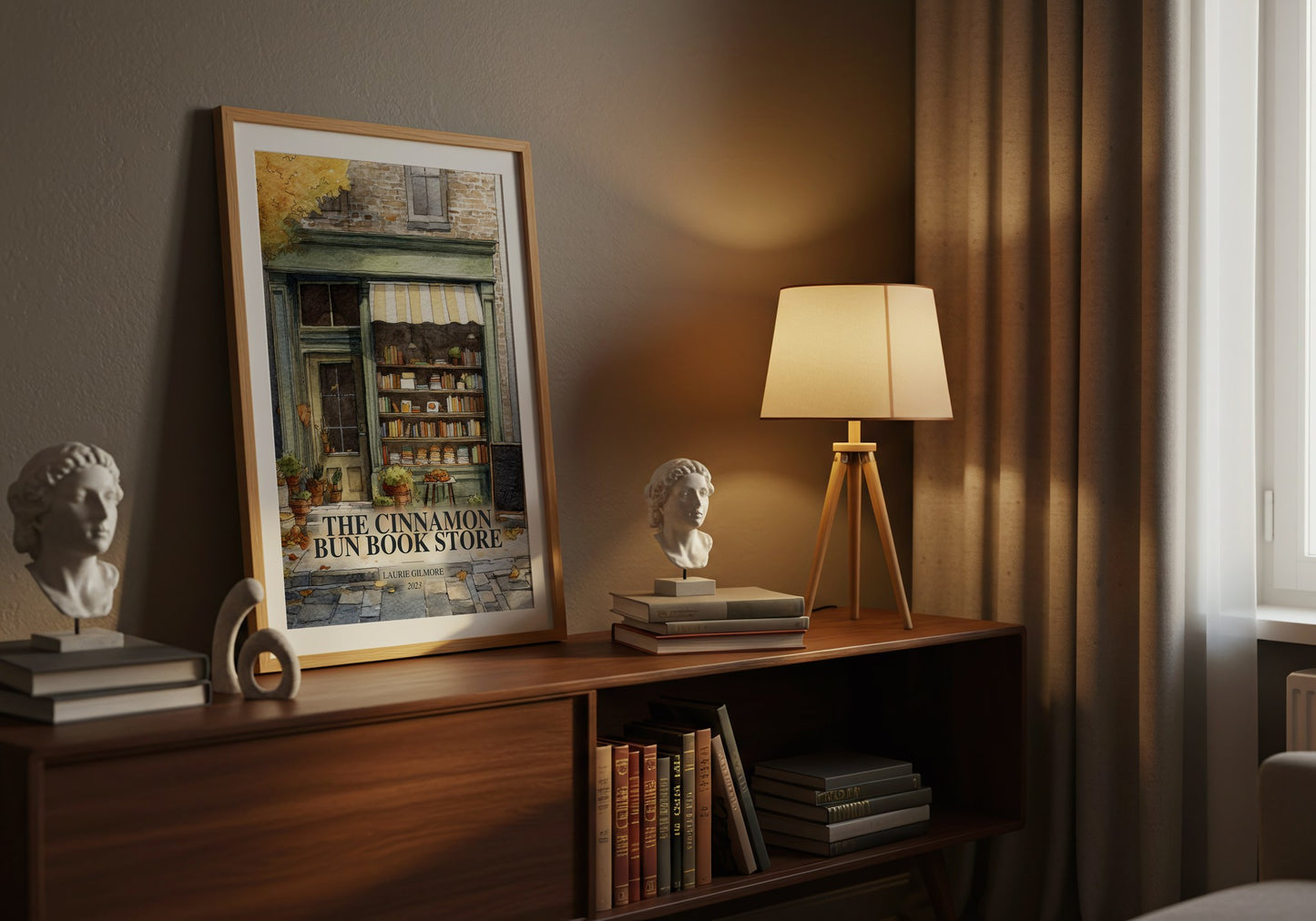The Cinnamon Bun Book Store watercolour print on bookshelf – Laurie Gilmore fan gift