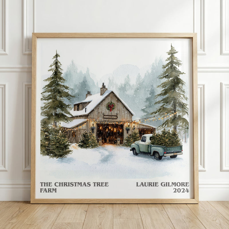 The Christmas Tree Farm literary print in frame leaning in hallway – romance wall art