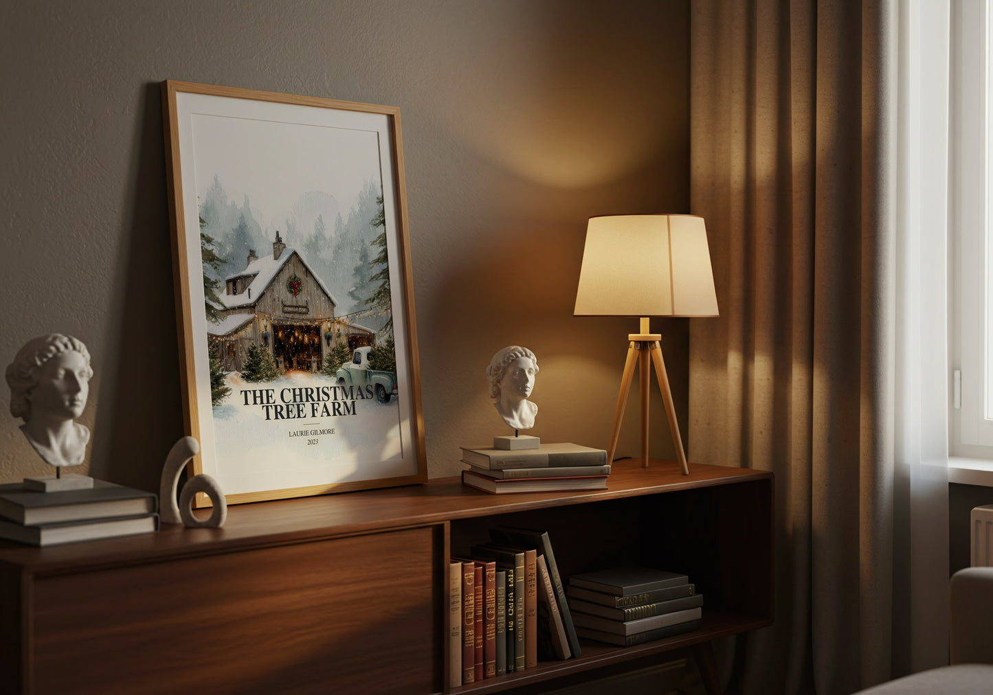 The Christmas Tree Farm watercolour print on bookshelf – Laurie Gilmore fan gift