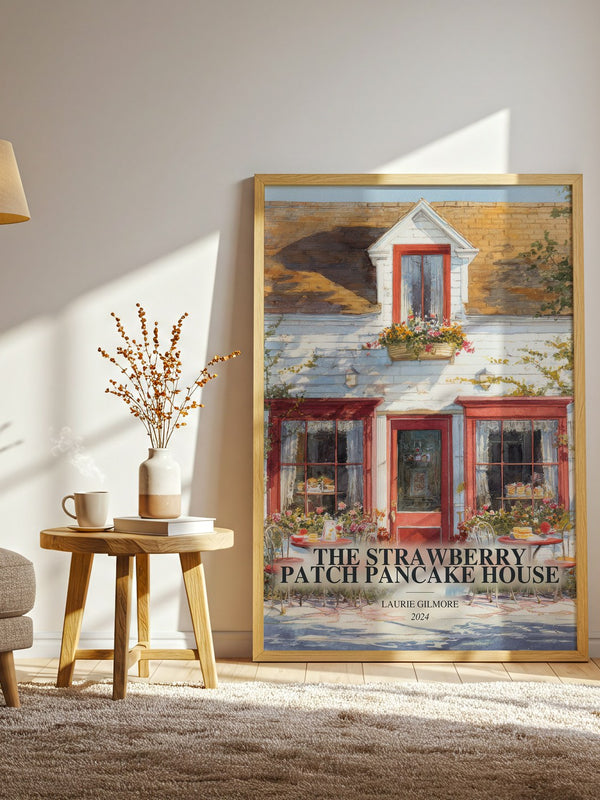 The Strawberry Patch Pancake House watercolour print in frame leaning in hallway – romance wall art
