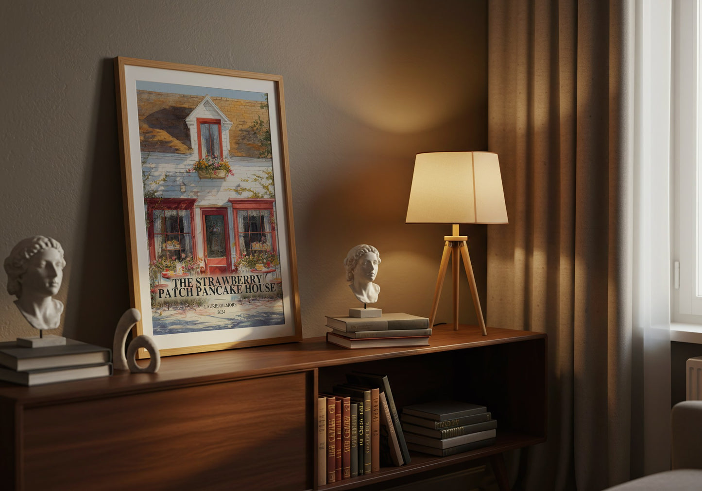 The Strawberry Patch Pancake House watercolour print on bookshelf – Laurie Gilmore fan gift