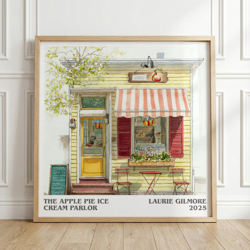 The Apple Pie Ice Cream Parlor literary print in frame leaning in hallway – romance wall art