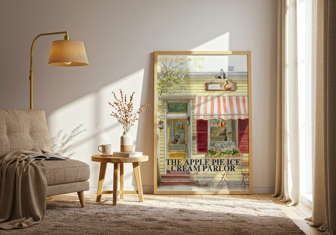 The Apple Pie Ice Cream Parlor watercolour print in frame leaning in hallway – romance wall art (mockup)
