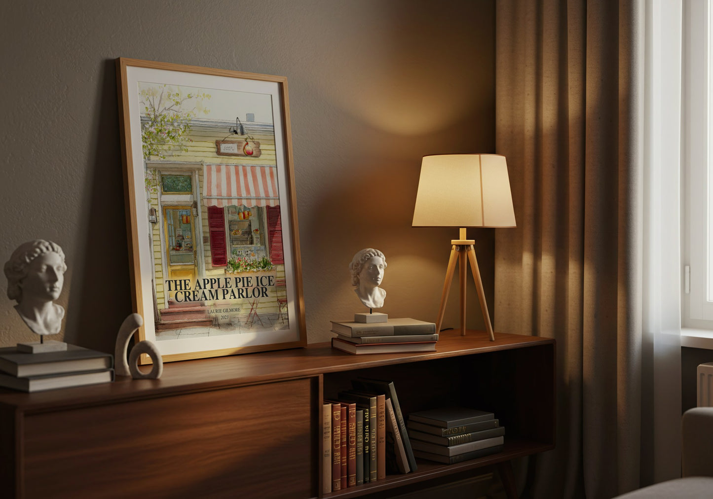 The Apple Pie Ice Cream Parlor watercolour print on bookshelf – Laurie Gilmore fan gift