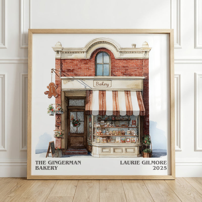 The Gingerman Bakery literary print in frame leaning in hallway – romance wall art