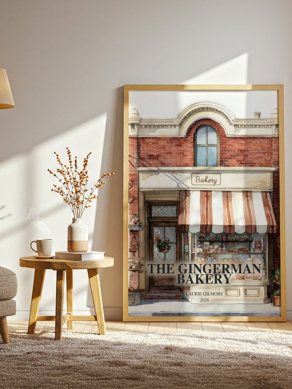 The Gingerman Bakery watercolour print in frame leaning in hallway – romance wall art