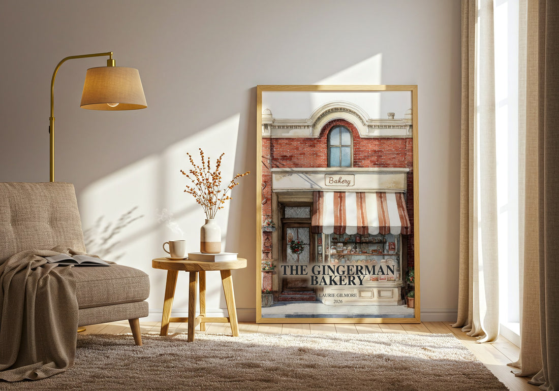The Gingerman Bakery watercolour print in frame leaning in hallway – romance wall art (mockup)