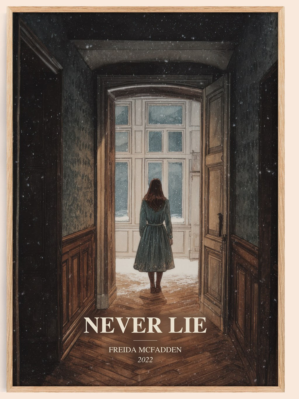 Never Lie watercolour book poster by Freida Mcfadden – framed literary art print