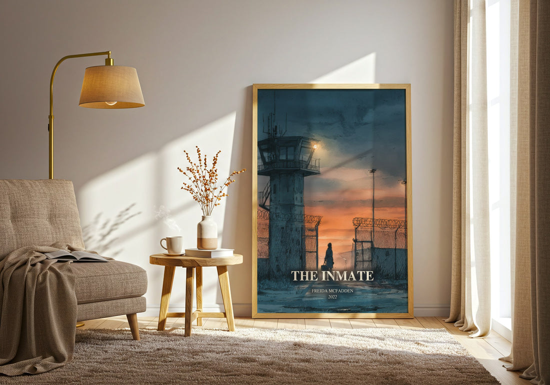 The Inmate watercolour print in frame leaning in hallway – thriller wall art (mockup)