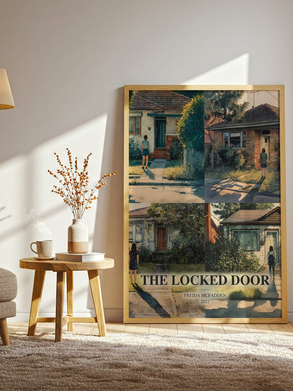 The Locked Door watercolour print in frame leaning in hallway – thriller wall art